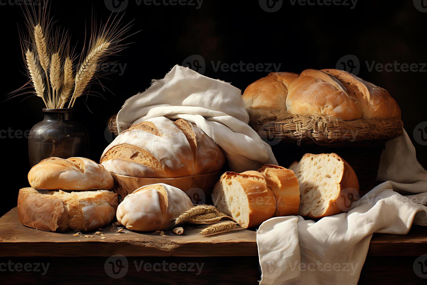 ai généré différent les types de pain. boulangerie concept. variété de pain proche en haut. assortiment de cuit pain sur en bois Contexte. gluten gratuit pains sur en bois Contexte. photo