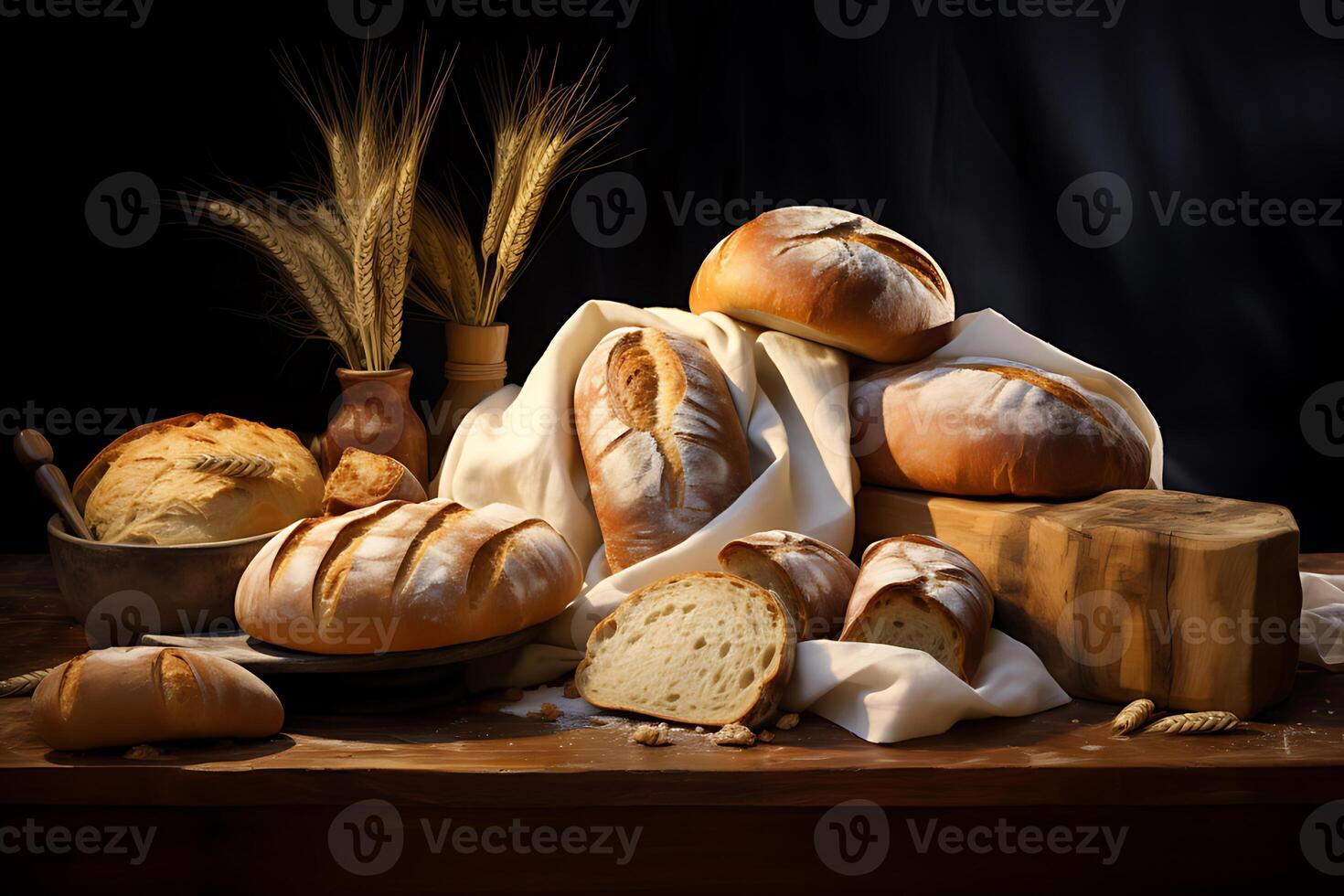 ai généré différent les types de pain. boulangerie concept. variété de pain proche en haut. assortiment de cuit pain sur en bois Contexte. gluten gratuit pains sur en bois Contexte. photo