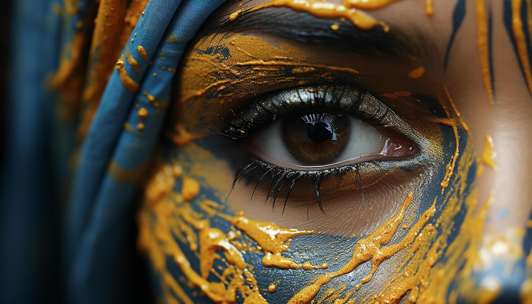 ai généré Jeune femme avec vibrant bleu plume dans sa sourcil généré par ai photo