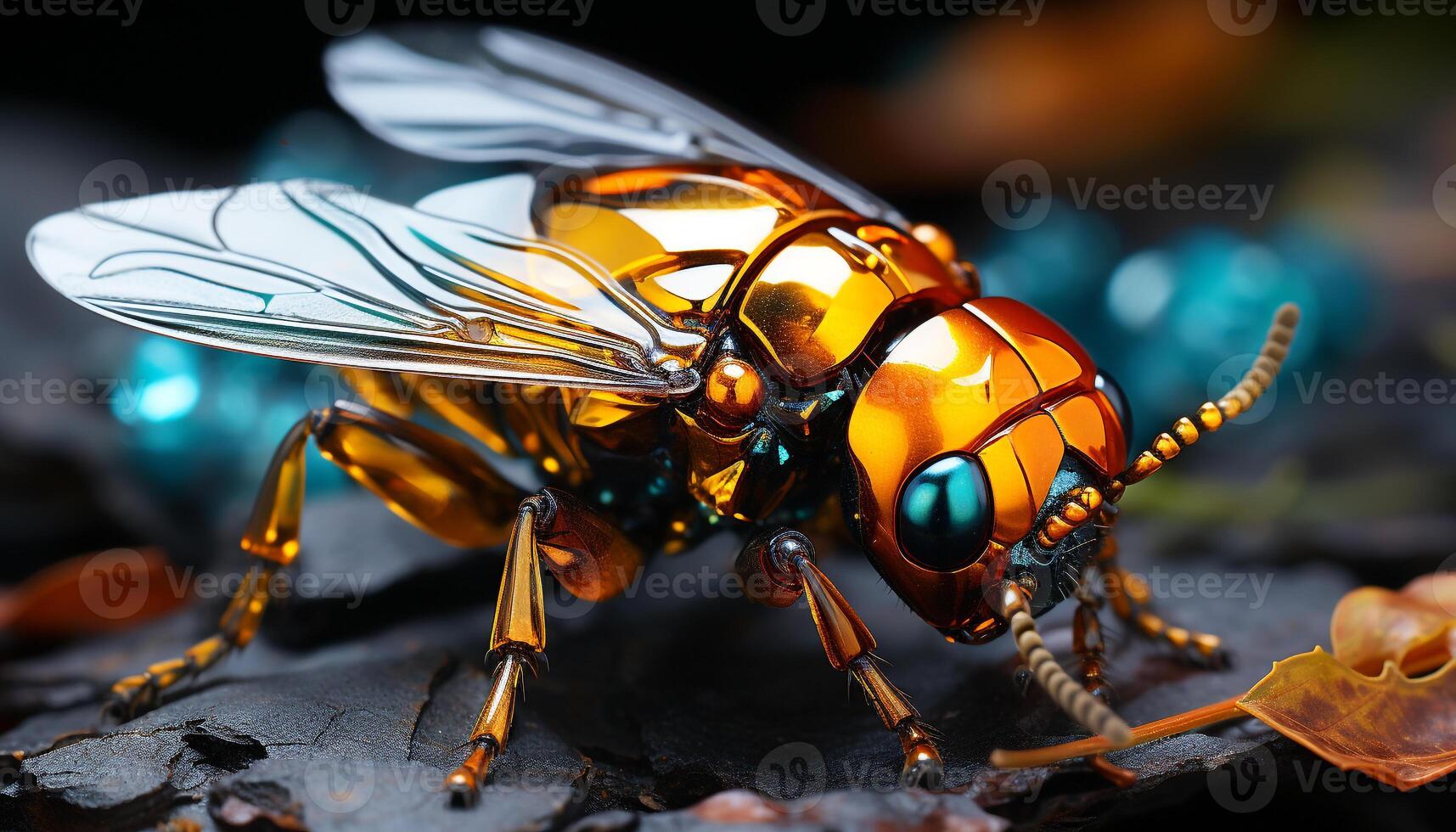 ai généré proche en haut de une petit Jaune abeille en volant généré par ai photo