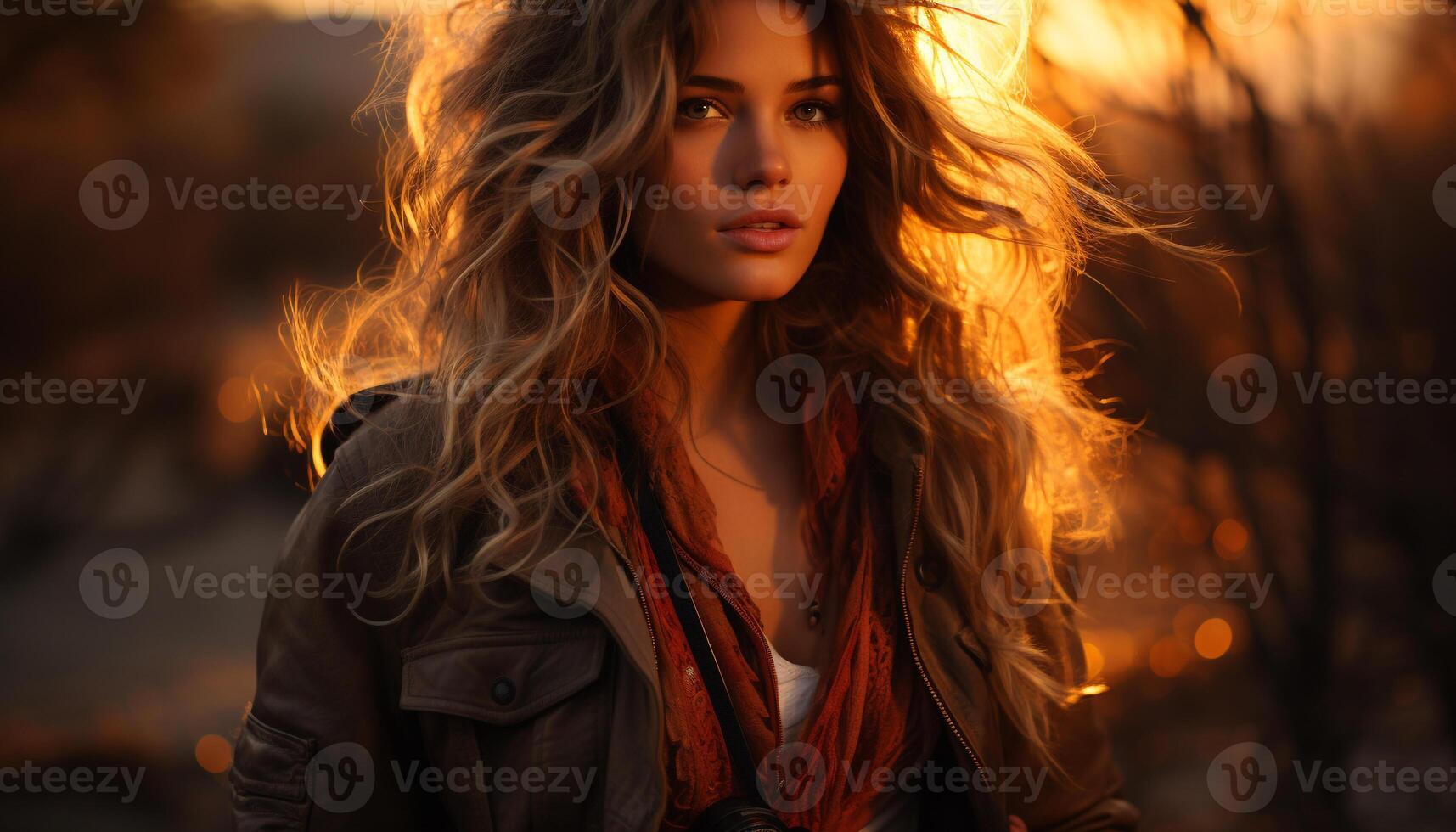 ai généré Jeune femme avec longue marron cheveux souriant en plein air généré par ai photo