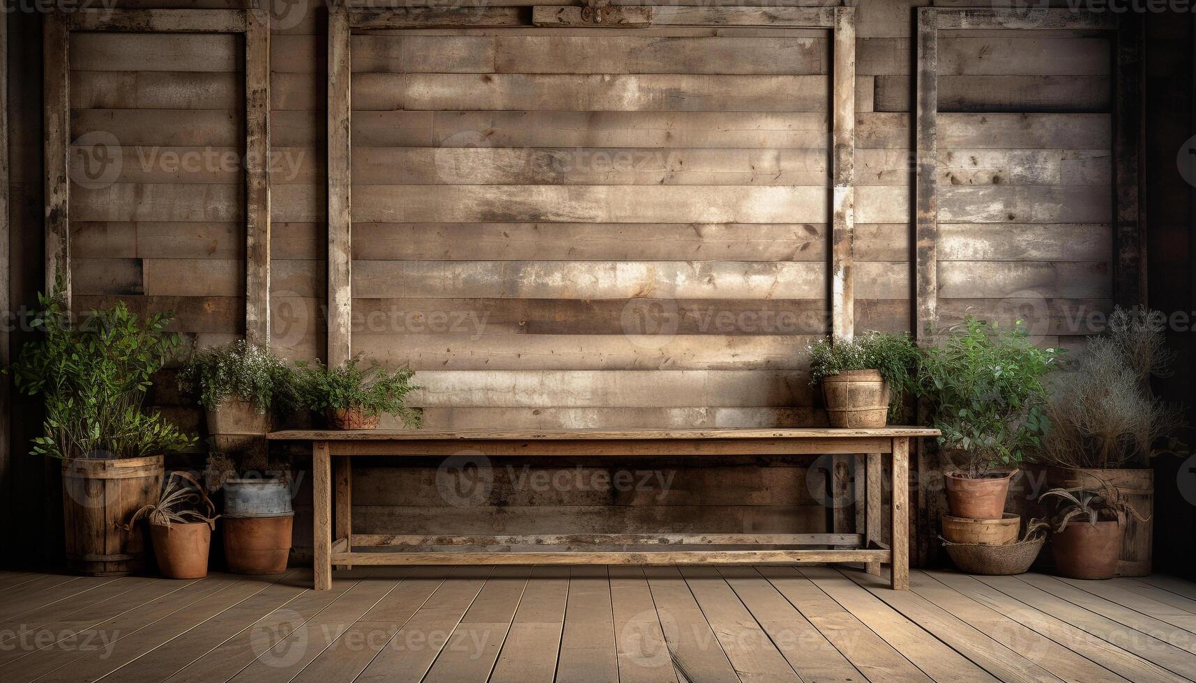 ai généré rustique en bois table avec mis en pot plante sur étagère généré par ai photo