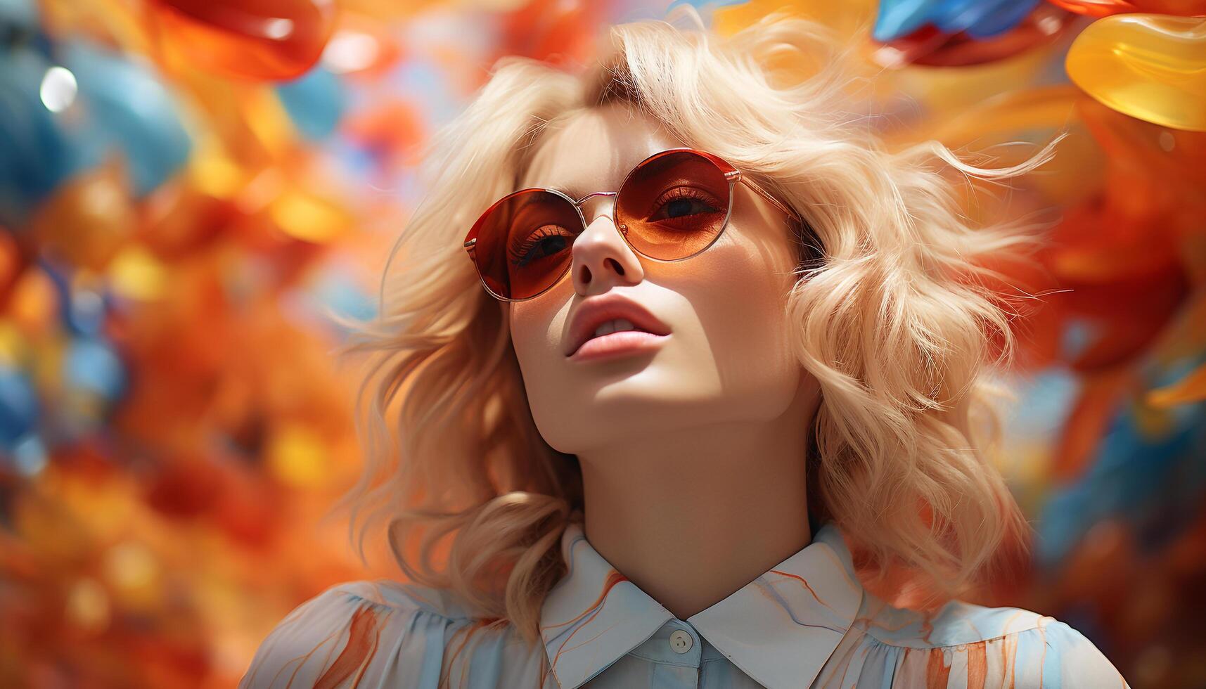 ai généré Jeune femme avec blond cheveux et des lunettes de soleil souriant généré par ai photo