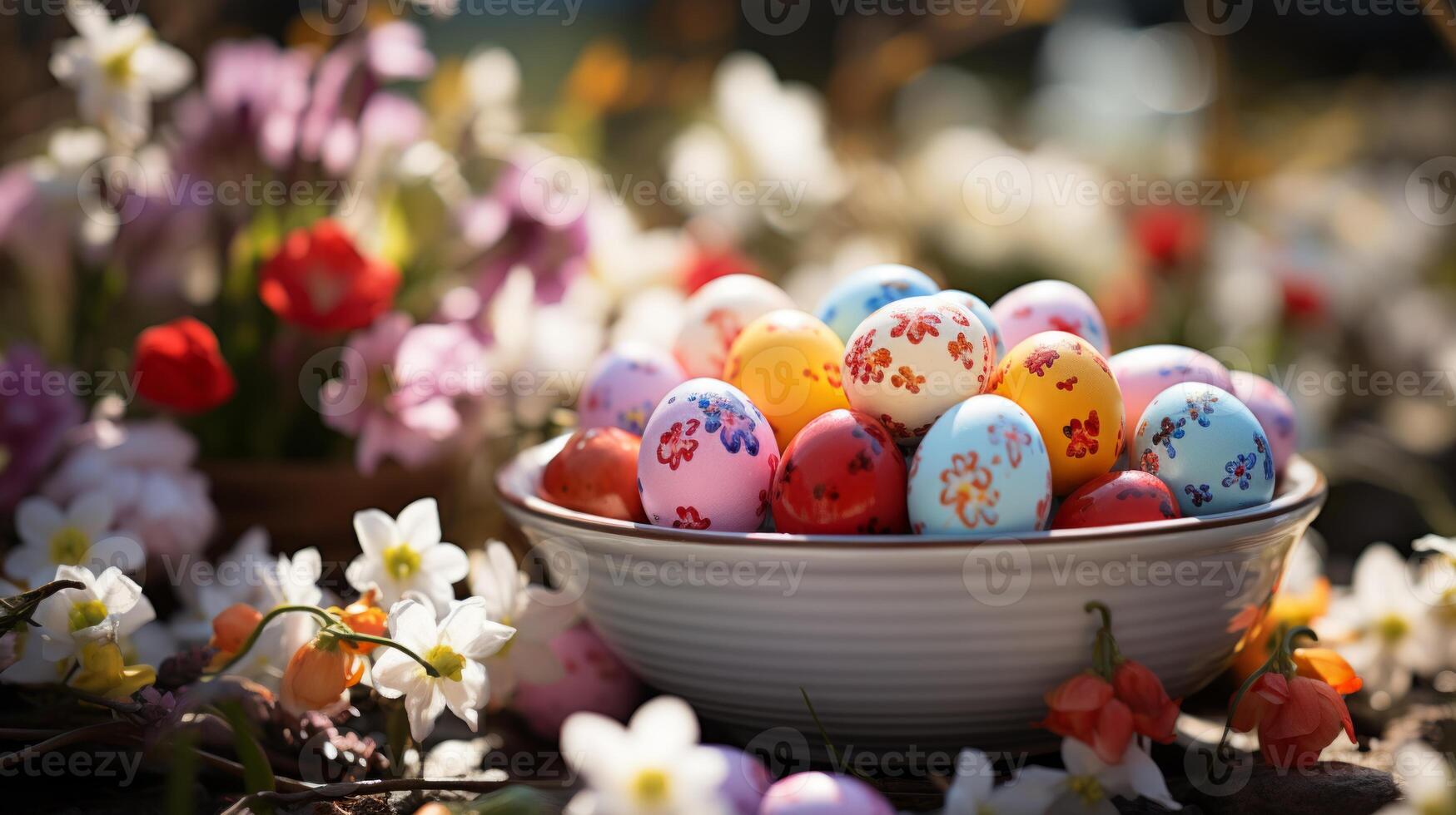 ai généré magnifique coloré Pâques des œufs sur printemps paysage. Pâques Contexte photo