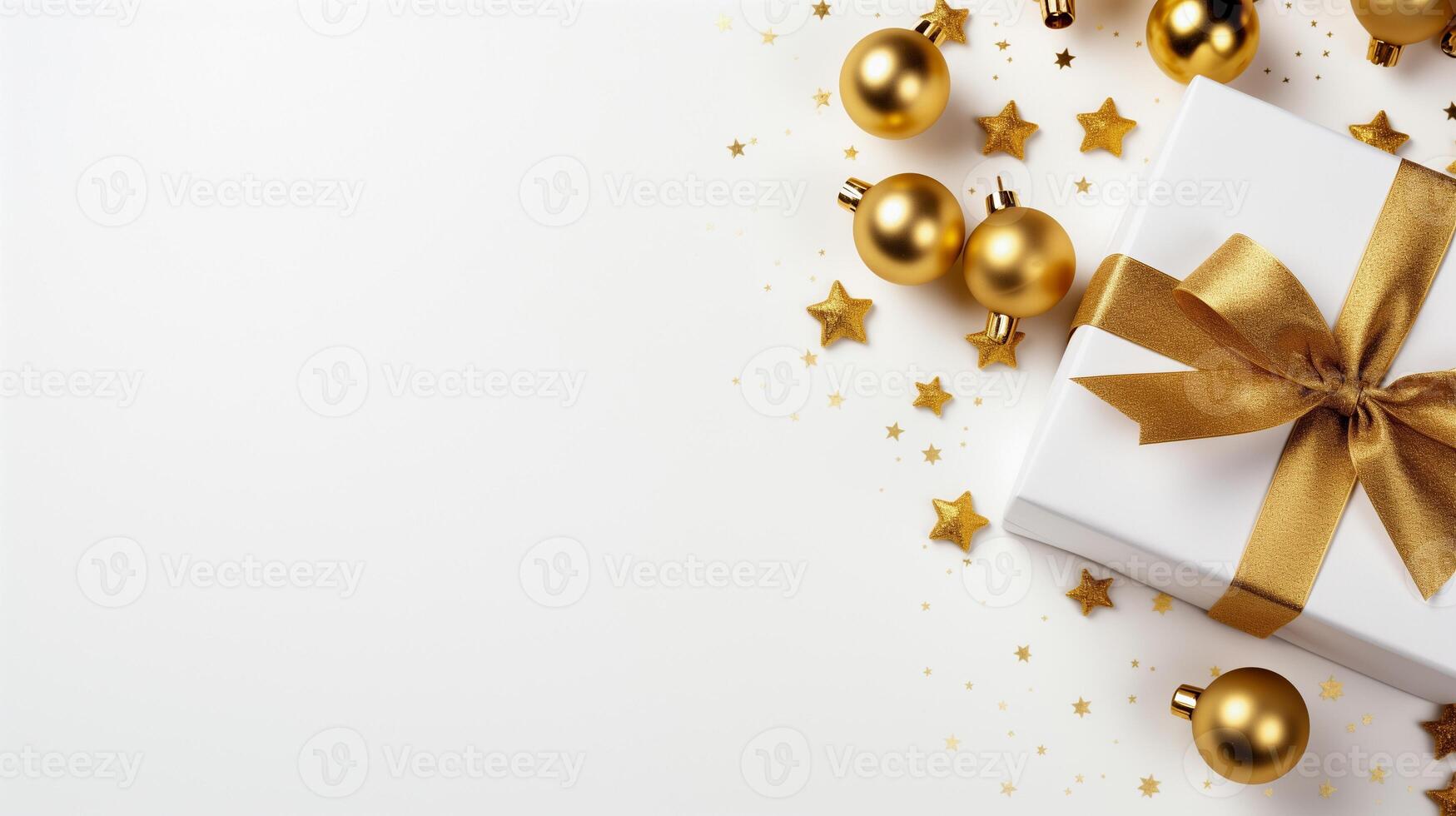 ai généré copie espace de blanc cadeau d'or ruban et Noël Balle avec blanc Contexte plat allonger ou haute angle coup photo