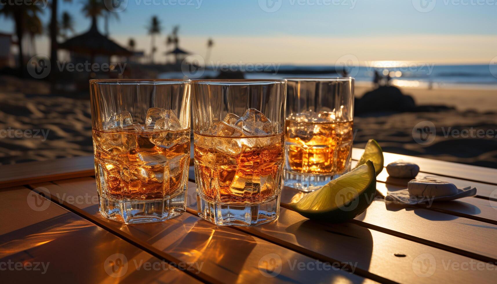 ai généré Extérieur bar avec coucher de soleil, cocktails, et rafraîchissant les boissons sur table généré par ai photo