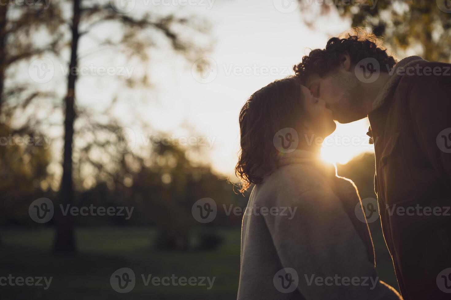 portrait de content aimant couple dans parc dans le coucher du soleil. couple dans silhouette embrasser. photo