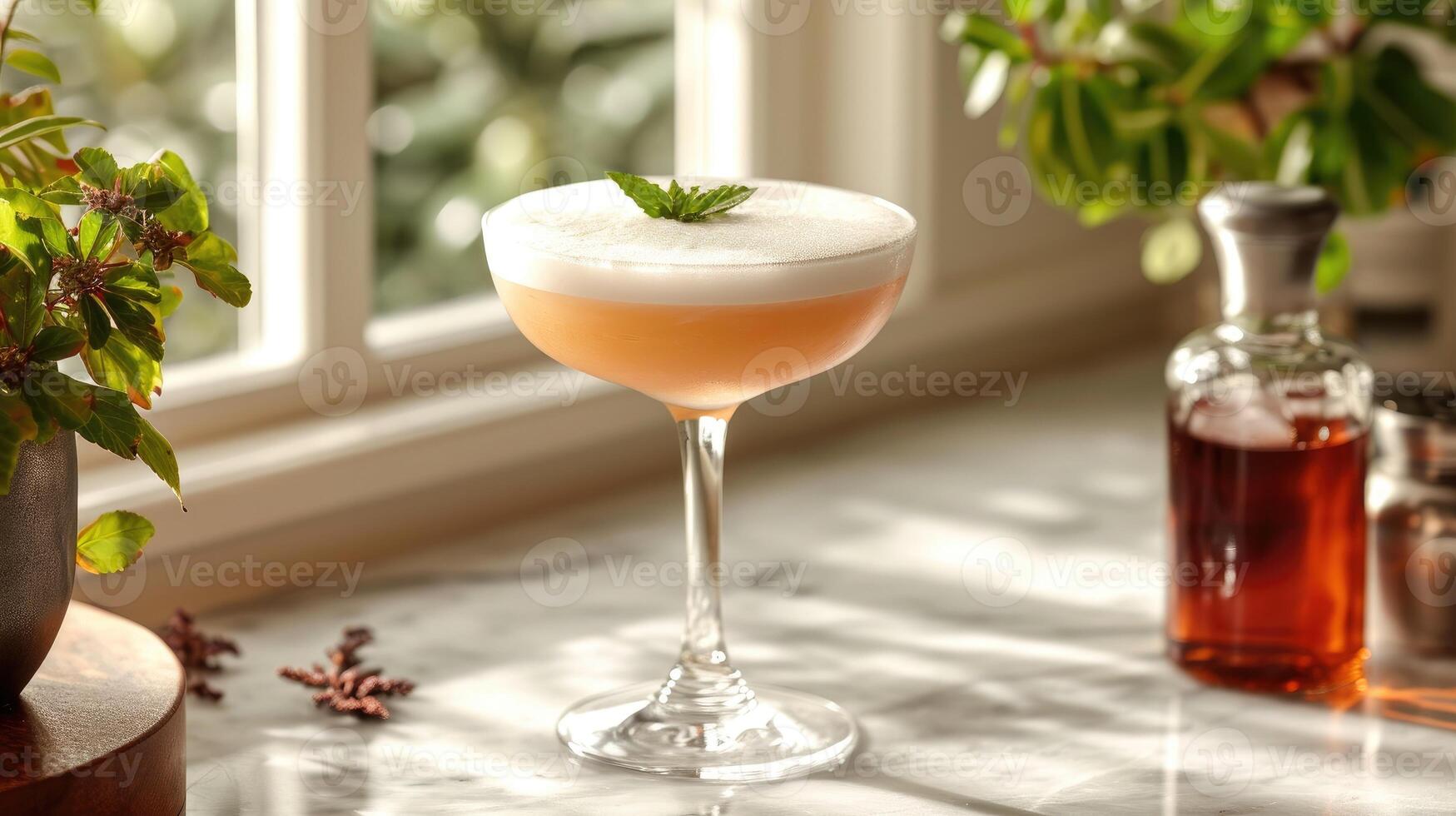 ai généré ensoleillé artisanal cocktail avec Frais à base de plantes garnir à maison. photo