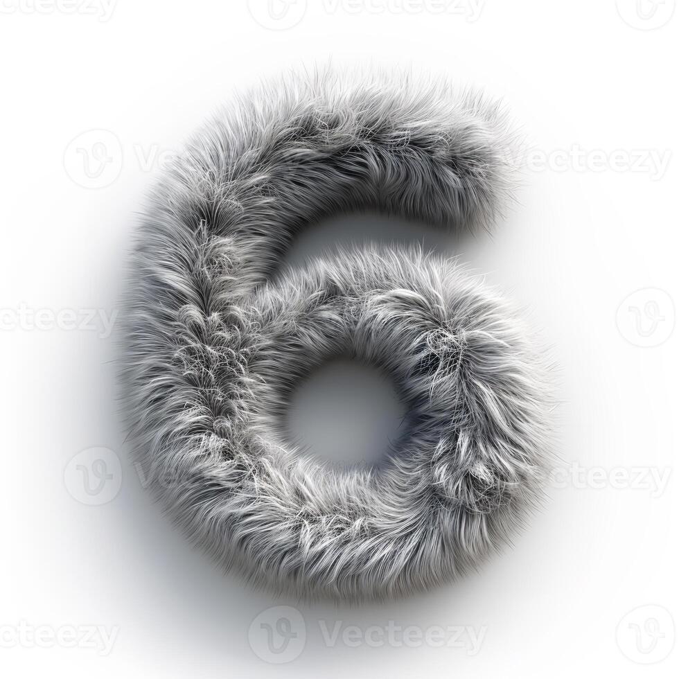 ai généré une unique représentation de le nombre six couvert dans une réaliste gris fourrure texture, isolé contre une nettoyer blanc toile de fond. photo