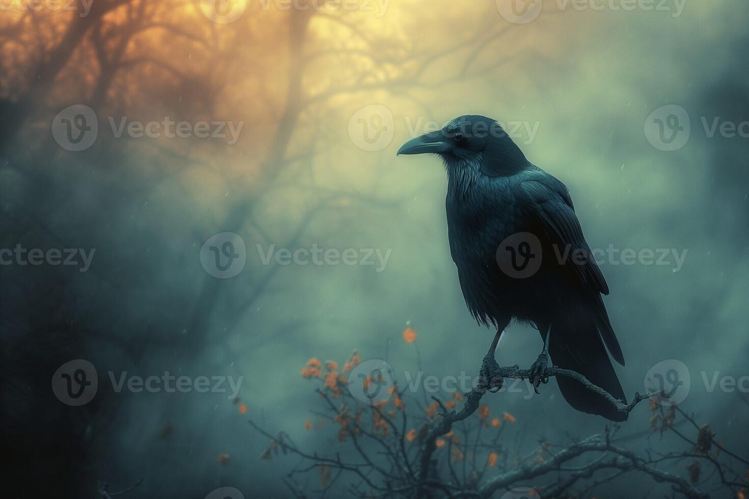 ai généré une corbeau est assis sur une branche dans le brouillard photo