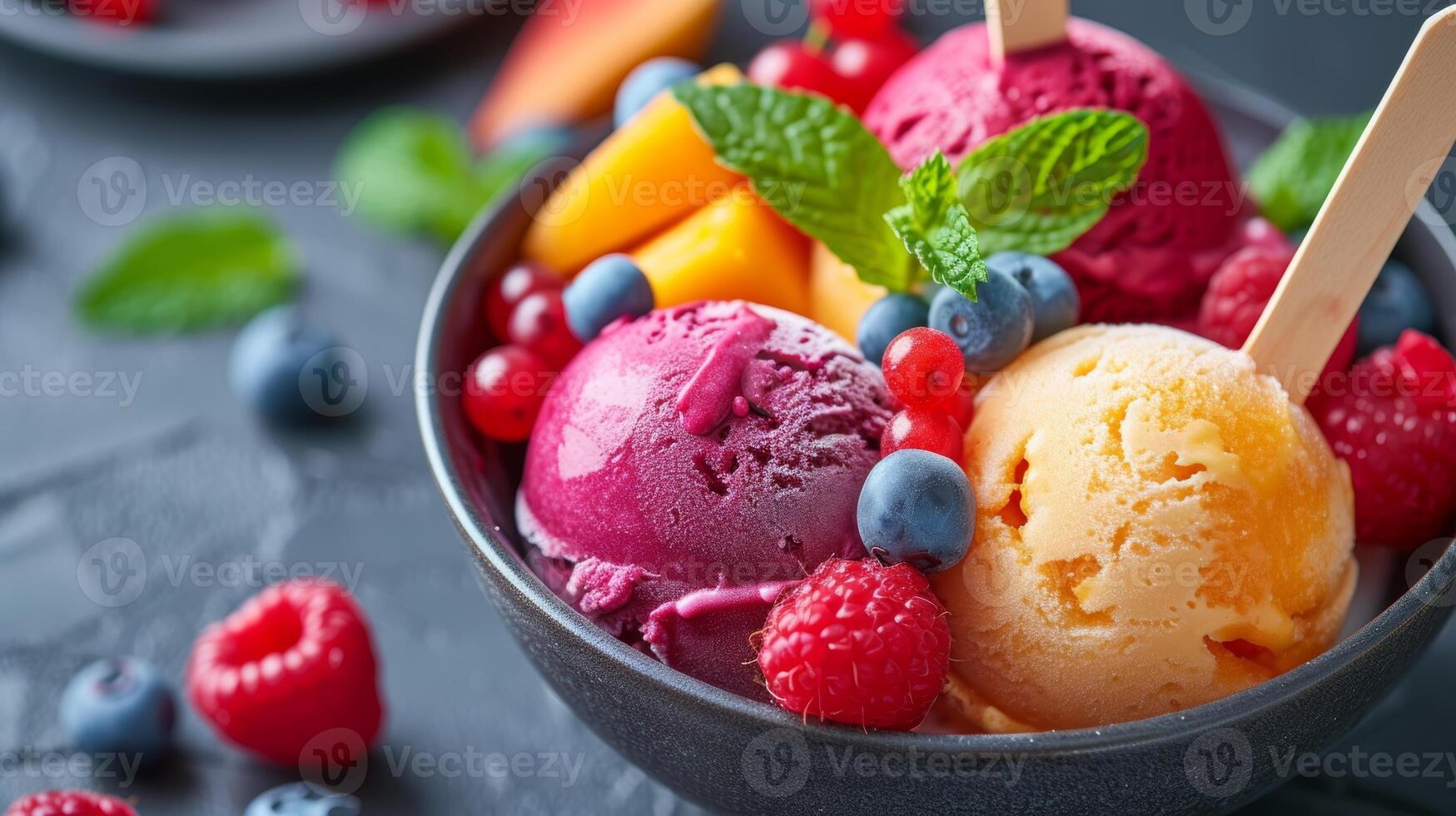 ai généré coloré fruit sorbets avec Frais baies et menthe photo