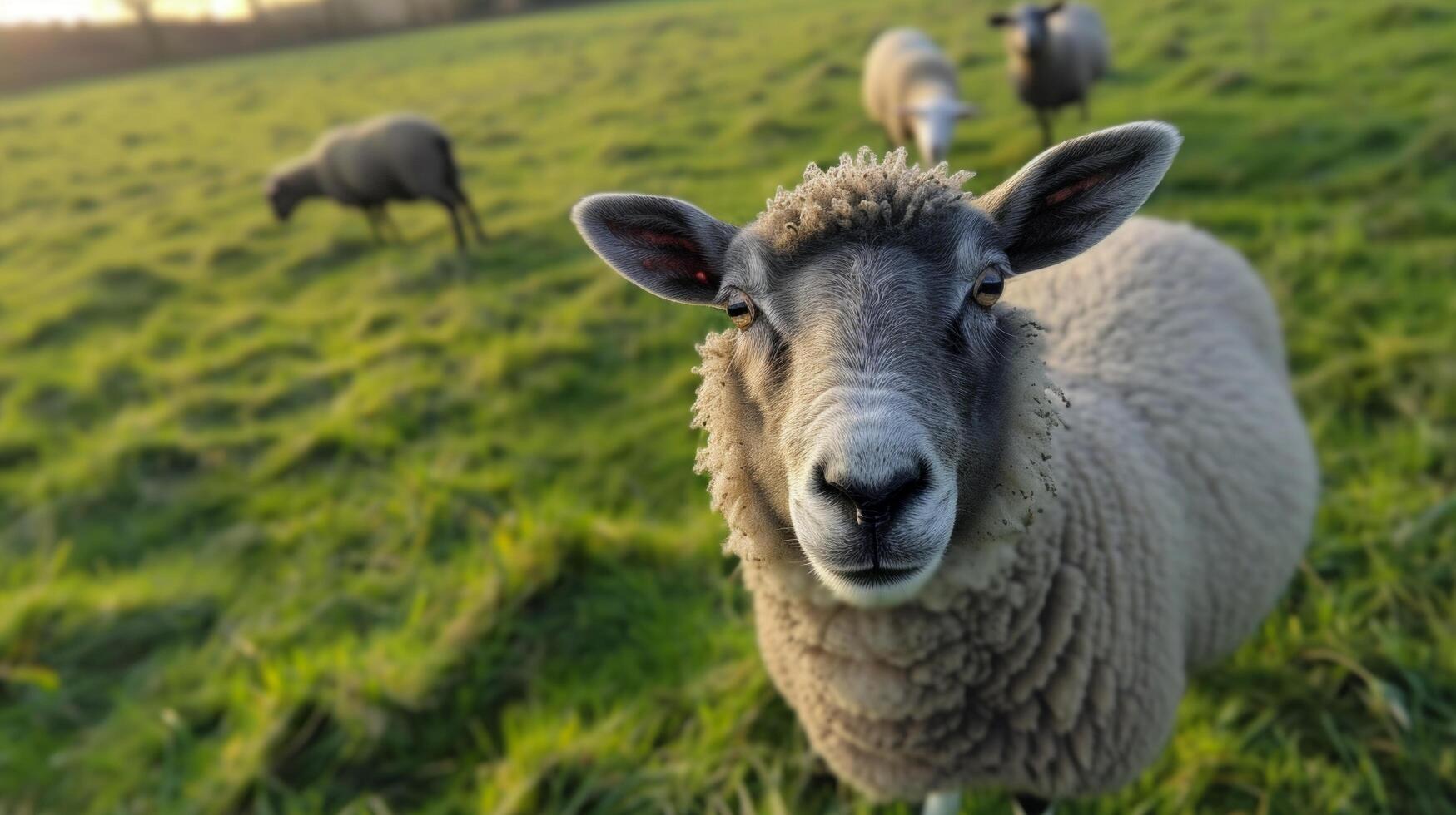 ai généré mouton pâturage dans luxuriant olympique prairie. fermer portrait photo