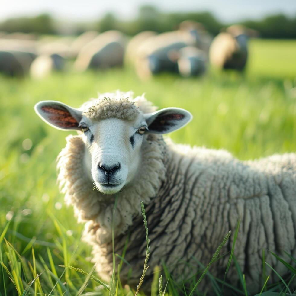 ai généré une troupeau de mouton volonté être enregistré sur le brillant vert olympique Prairie photo