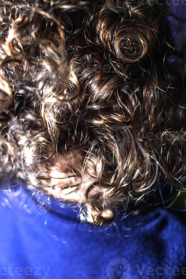 Naturel frisé cheveux, peu fille avec lumière marron boucles et d'or reflets photo