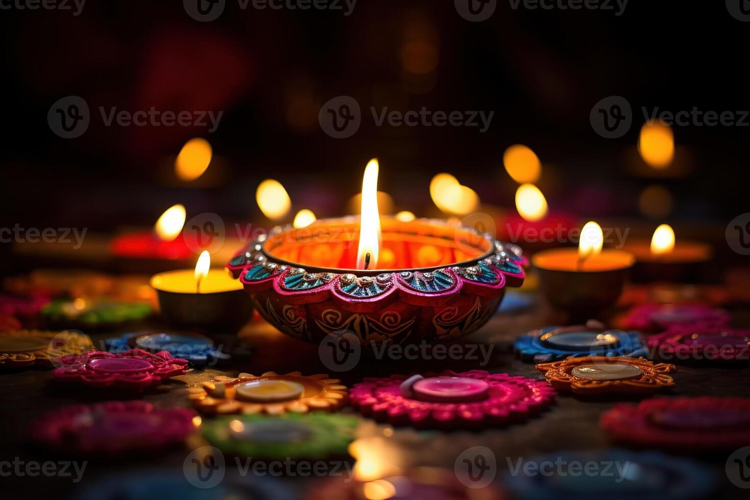 ai généré diya lumières les lampes sur multicolore rangoli. photo