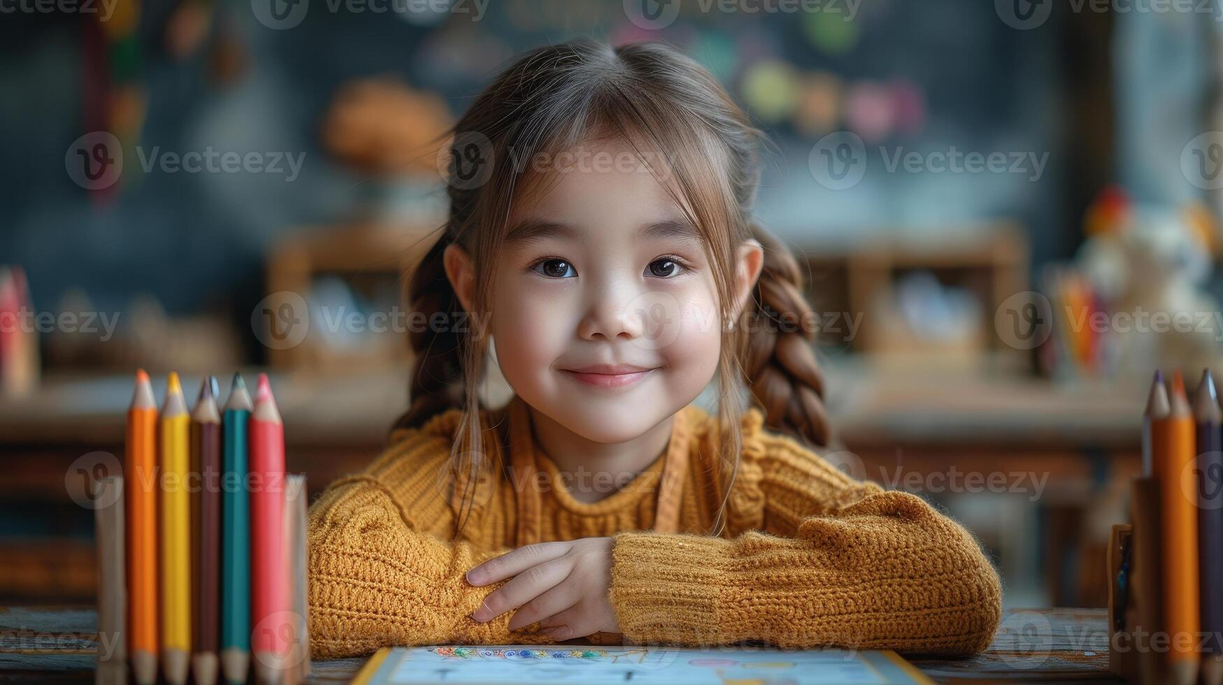 ai généré dessin et portrait de fille dans salle de cours examen, en train d'étudier avec livre ou en train d'étudier dans Jardin d'enfants. préscolaire sourire, développement, et enfant coloration pour Créatif art dans carnet. photo