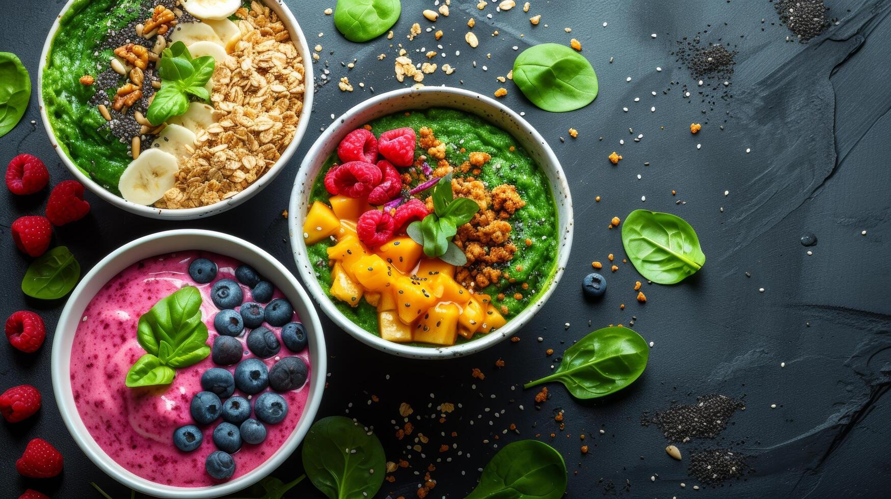 ai généré smoothie boules orné avec nutritif garnitures, attirant à soucieux de leur santé personnes photo