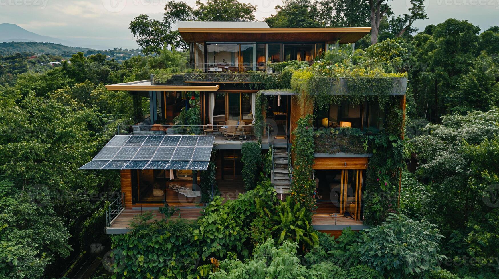 ai généré un respectueux de la nature moderne Accueil à crépuscule, avec une luxuriant jardin et un tableau de solaire panneaux sur le toit, symbolisant durable vie. photo