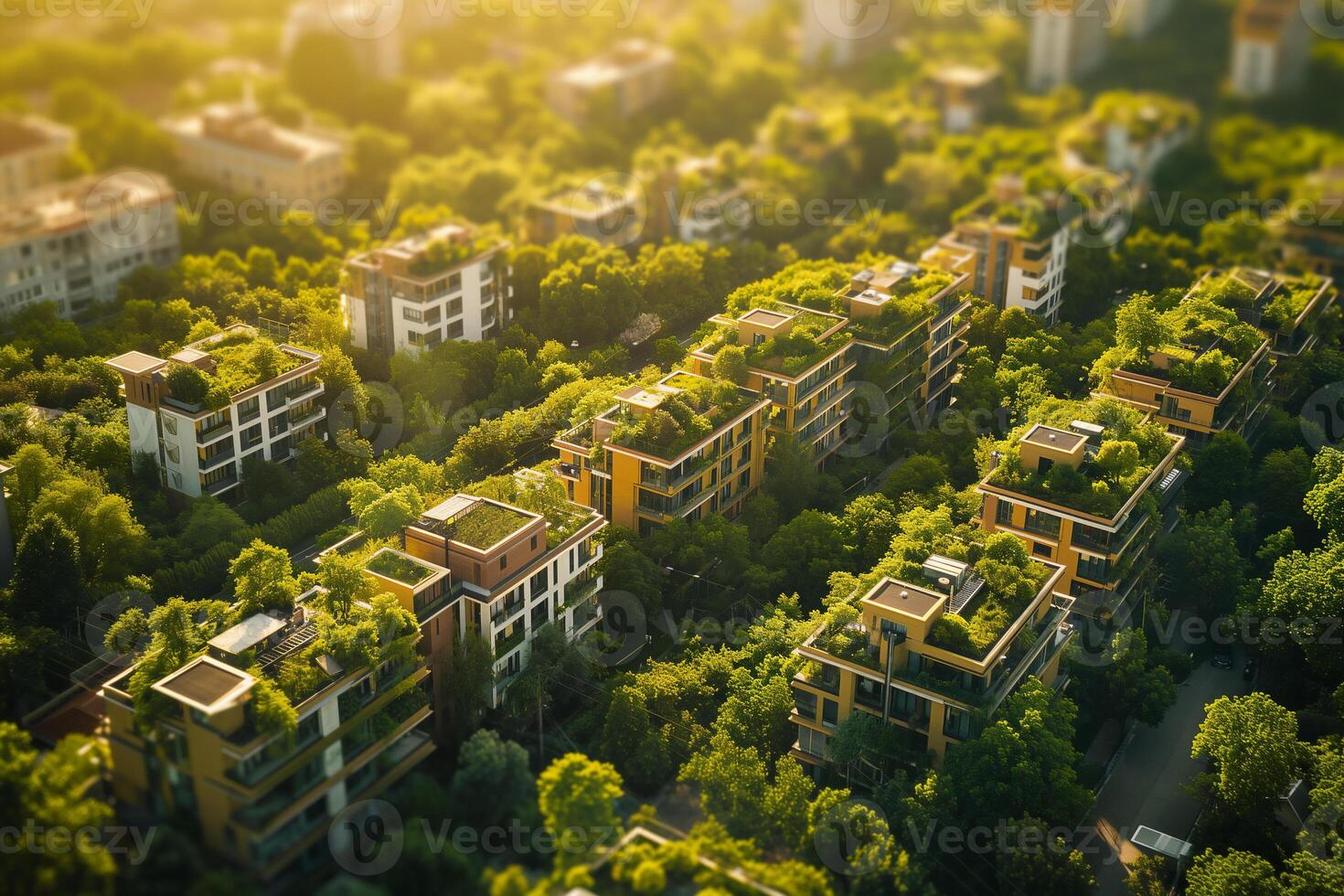 ai généré aérien vue de moderne appartement bâtiments avec vert toit jardins baigné dans le chaud lueur de le lumière du soleil, niché dans une luxuriant Urbain forêt. photo