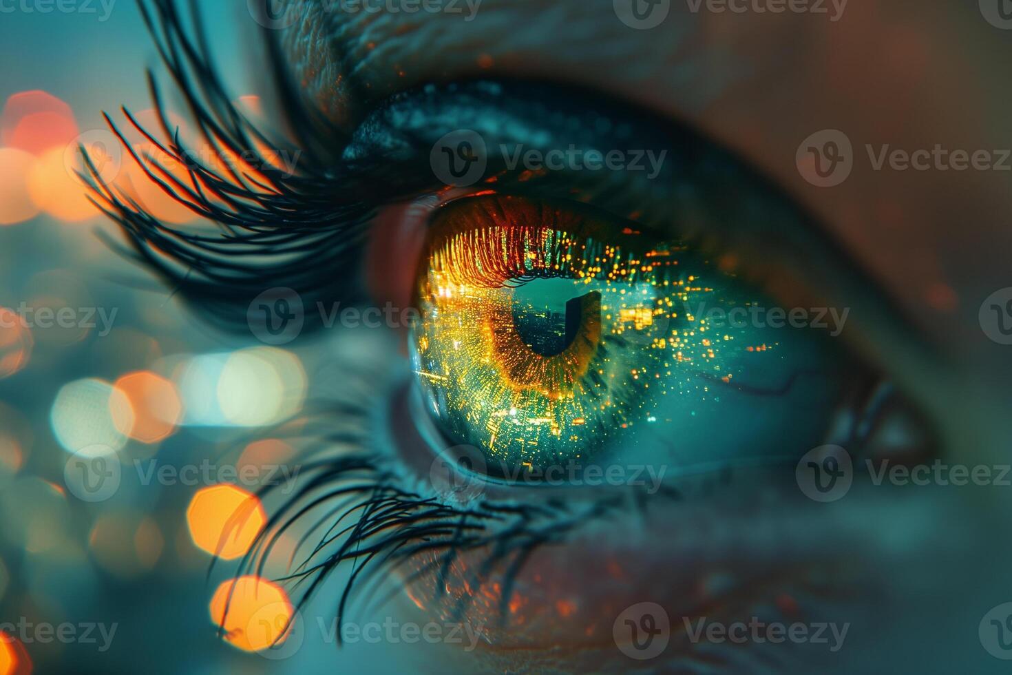 ai généré un extrême fermer de une Humain œil, capturer le détaillé réflexion de vibrant ville lumières dans le iris. photo
