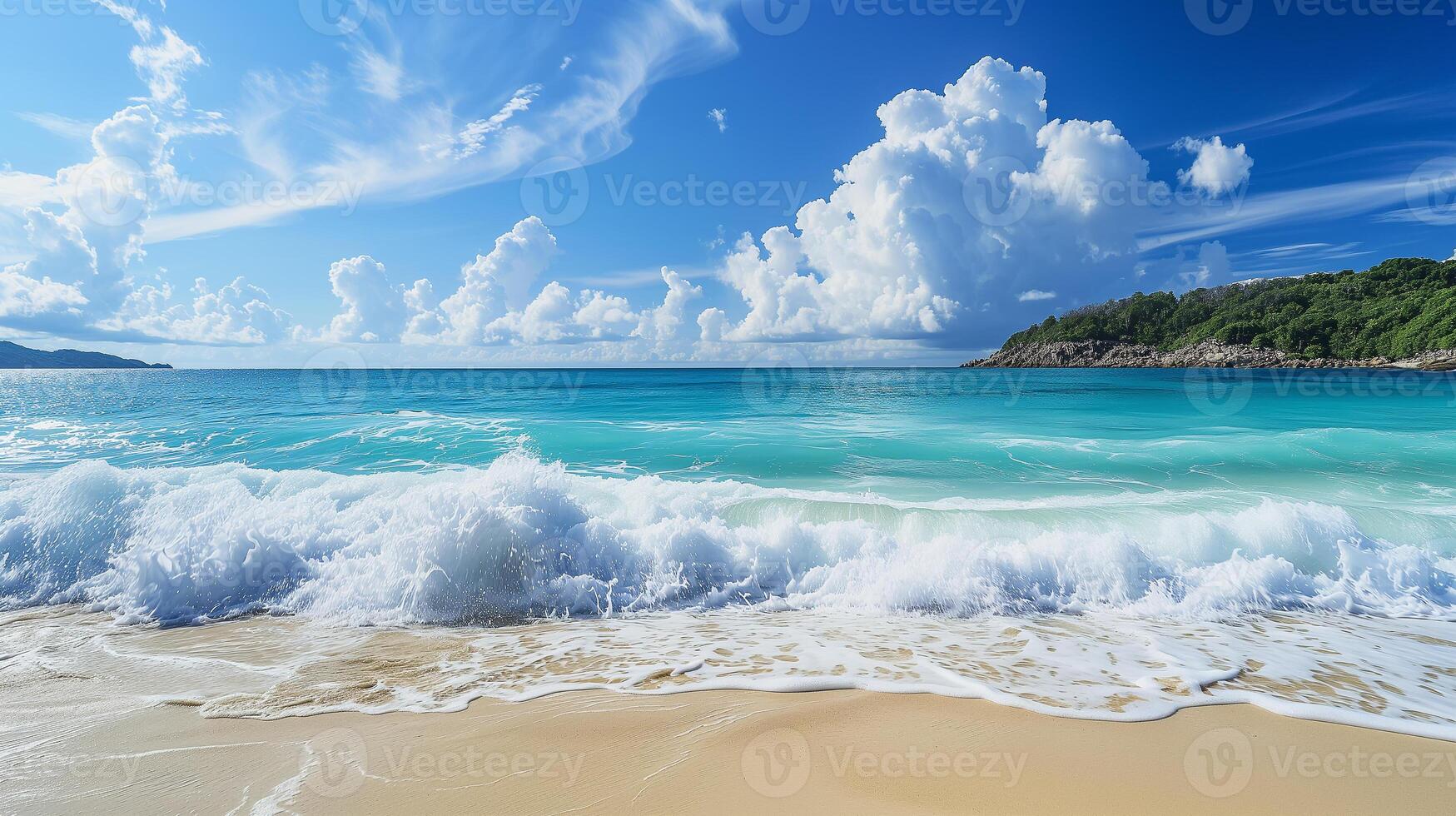 ai généré panoramique vue de une tropical plage avec cristal clair turquoise eau, blanc sable, et vagues s'écraser en dessous de une ensoleillé bleu ciel avec duveteux des nuages. photo