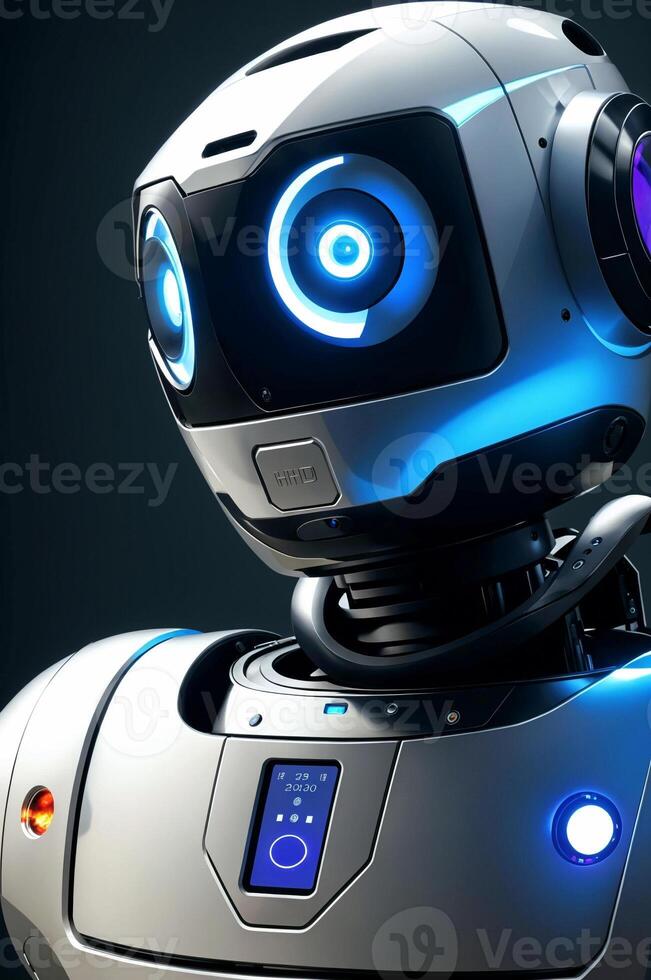ai généré une robot avec embrasé bleu yeux et une écran pour une poitrine. ai génératif photo