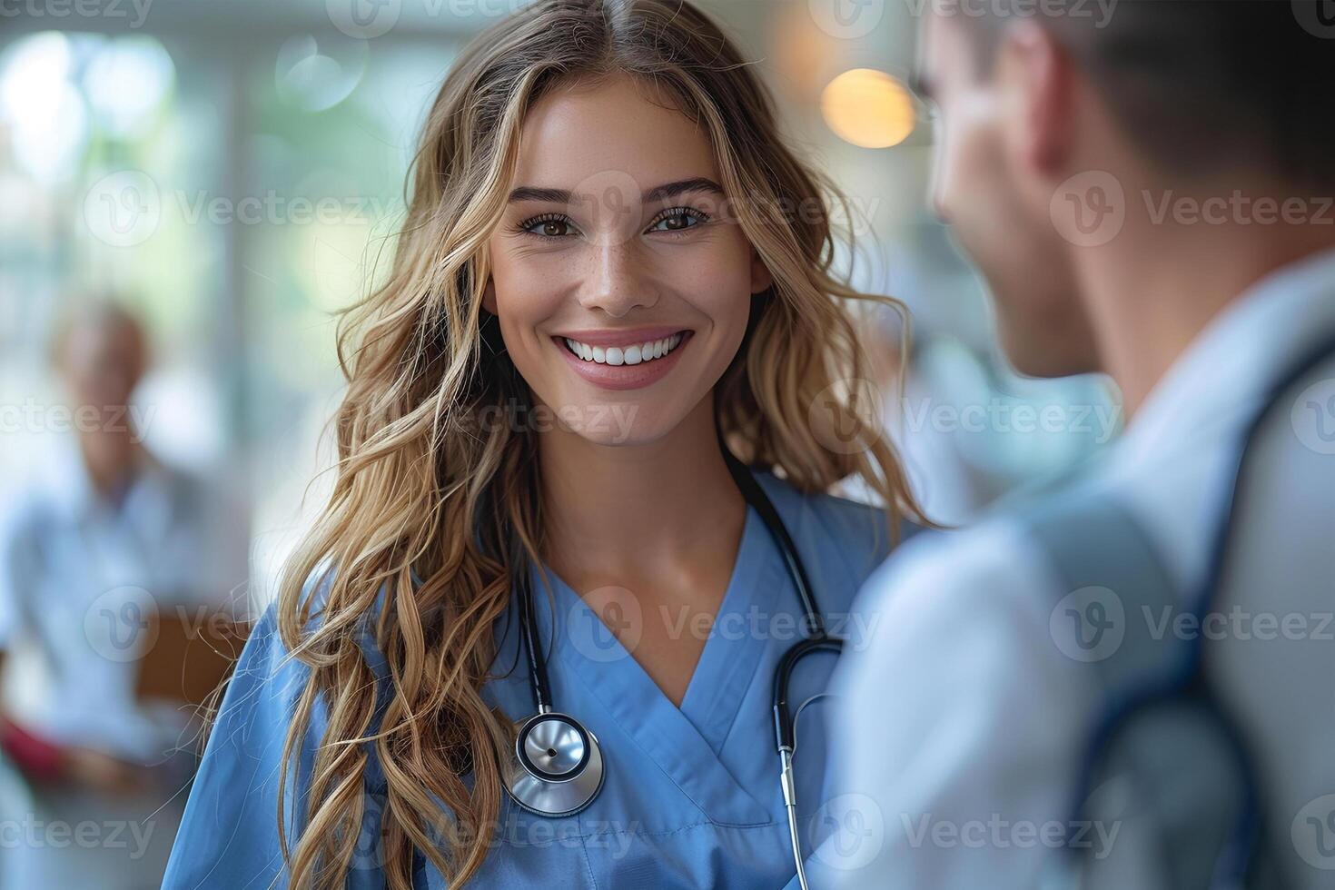 ai généré une radiant Jeune infirmière dans bleu gommages sourit en toute confiance dans le occupé couloir de une moderne hôpital photo