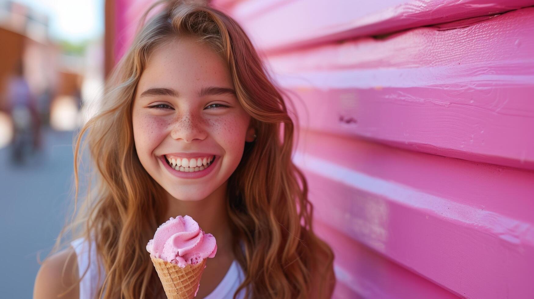 ai généré une Enchanté fille avec une scoop de la glace crème, sa infectieux sourire éclairage en haut le Cadre photo