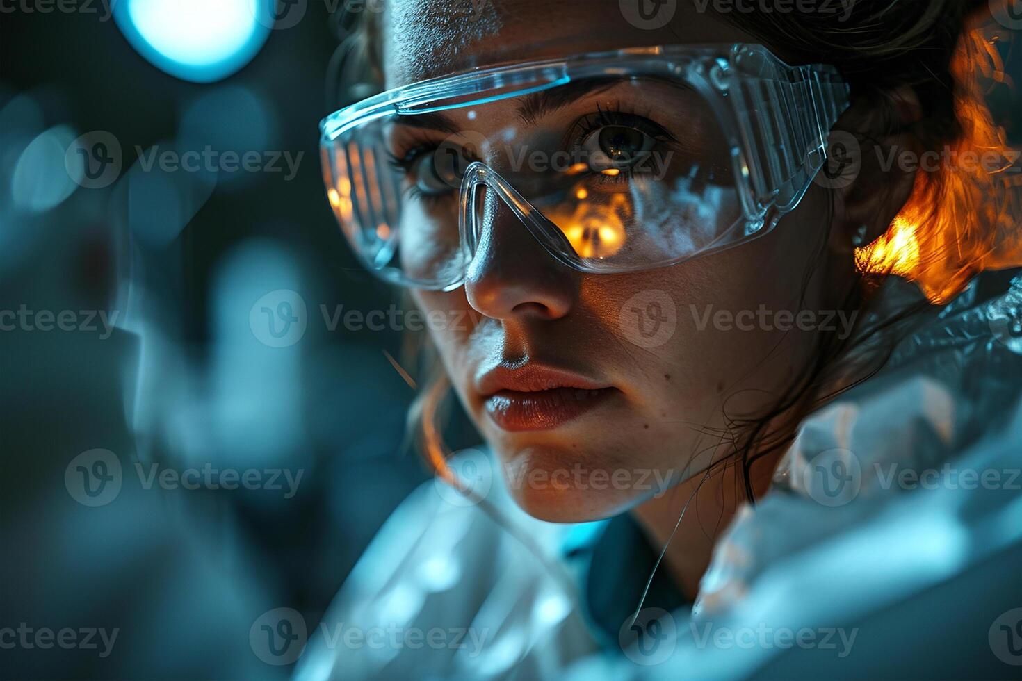 ai généré femelle scientifique avec protecteur des lunettes de protection dans laboratoire. concentré scientifique travail dans une moderne laboratoire photo