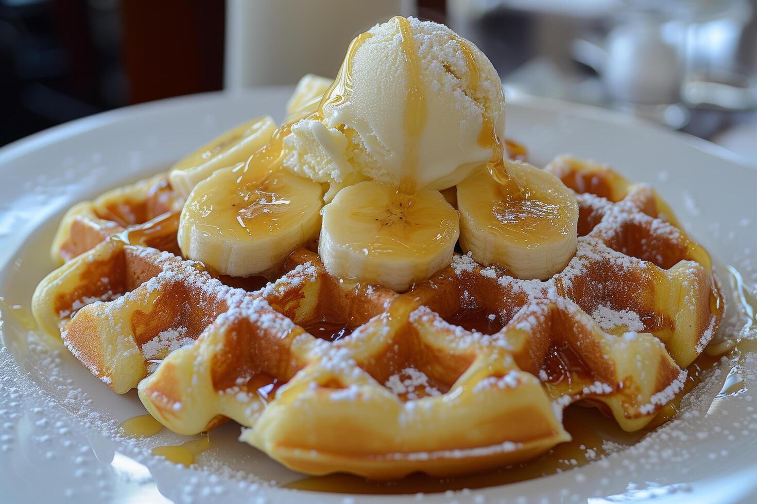 ai généré une assiette de Belge gaufres, jumelé avec une scoop de vanille la glace crème et caramélisé bananes. photo