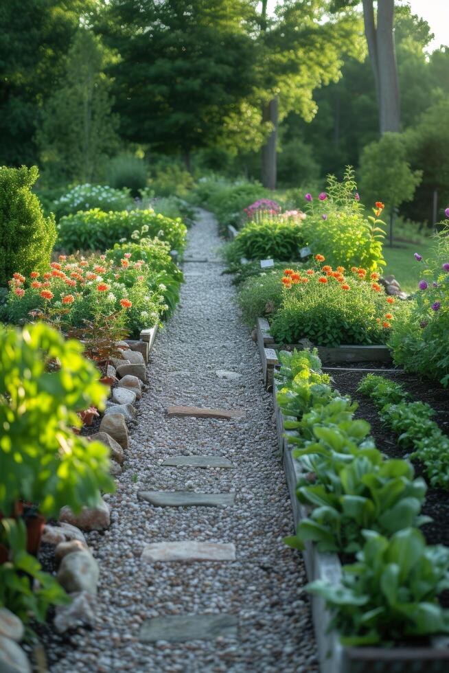 ai généré une Bien organisé potager jardin, mélange ornemental et comestible les plantes dans parfait harmonie. photo