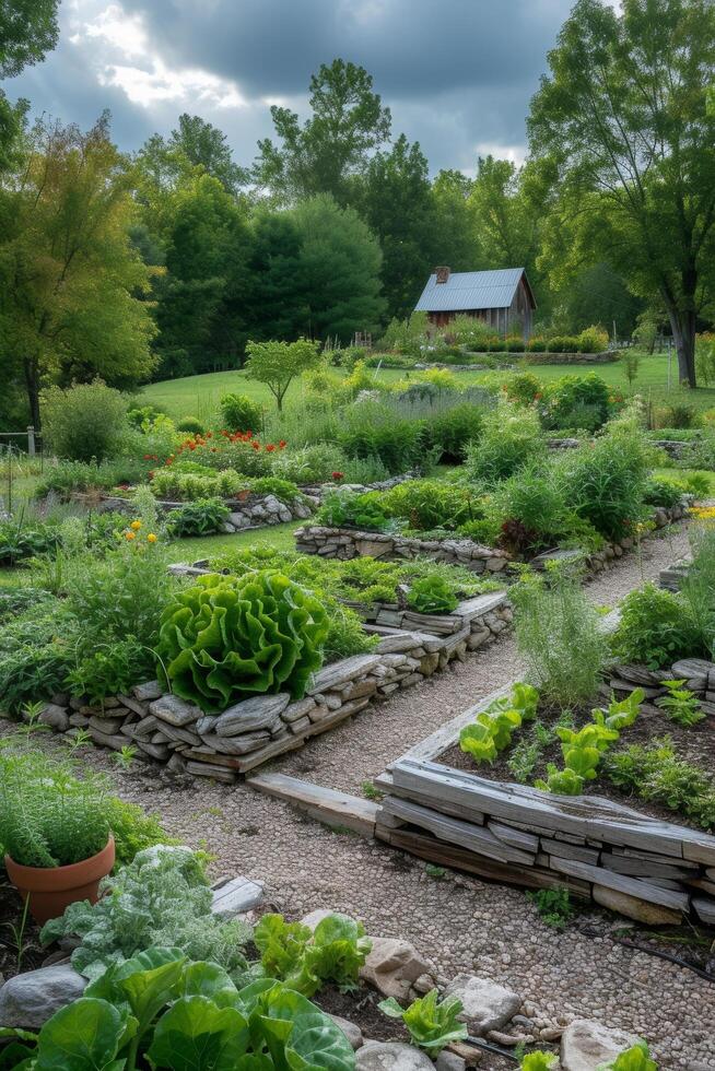 ai généré une Bien organisé potager jardin, mélange ornemental et comestible les plantes dans parfait harmonie. photo