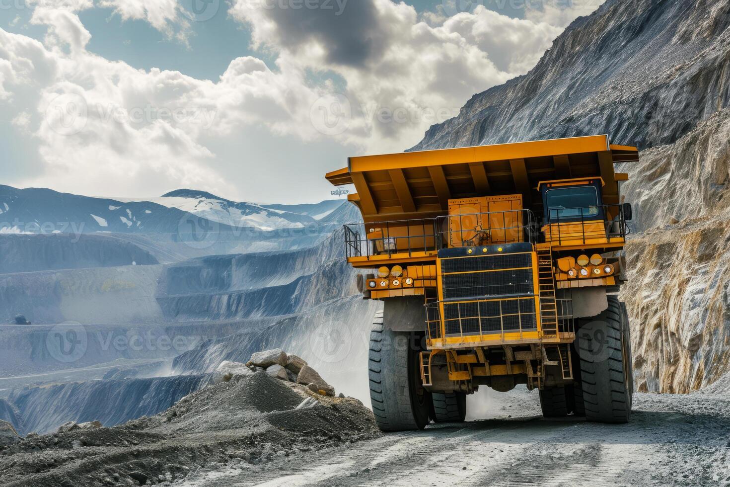 ai généré Jaune déverser un camion dans carrière photo