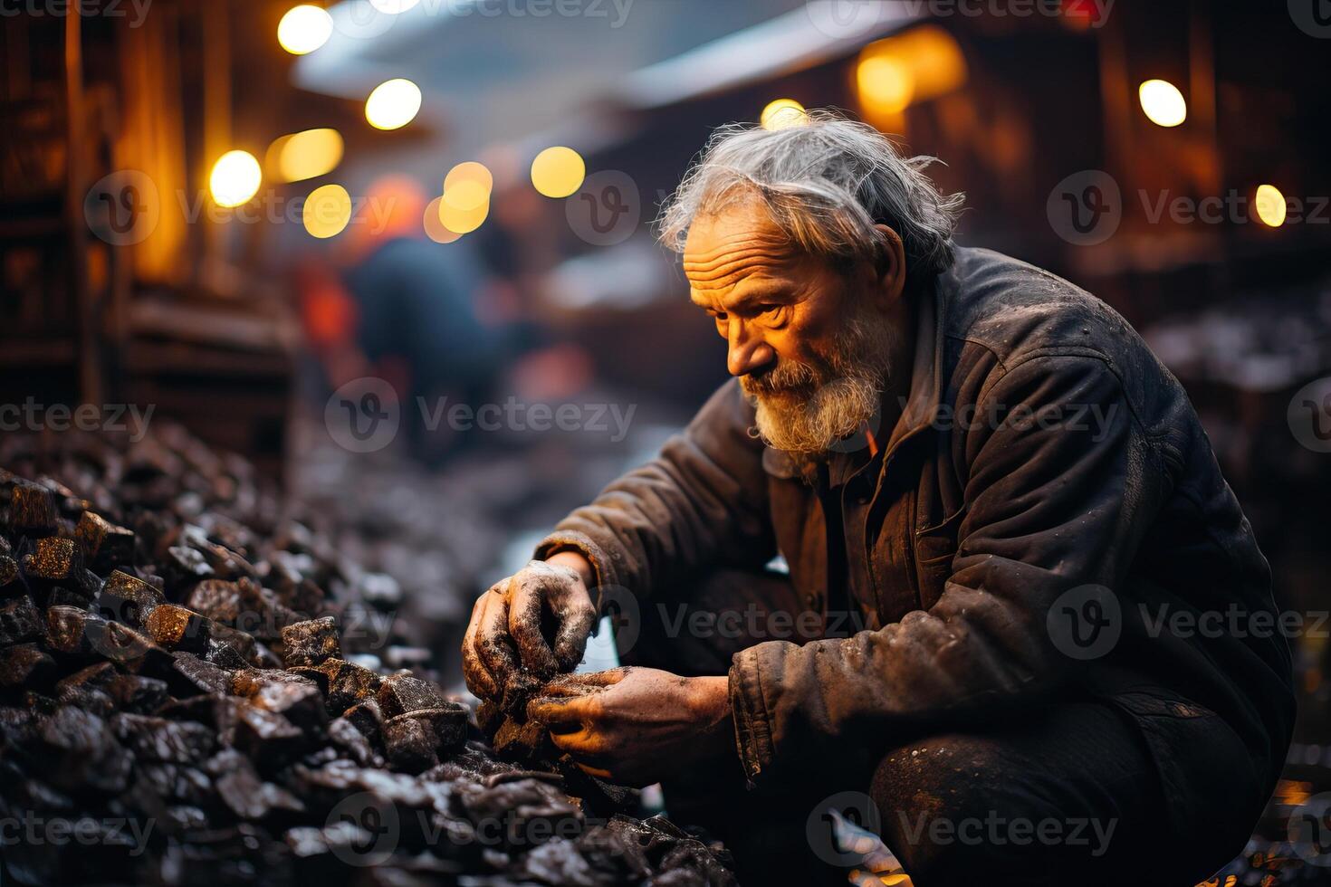 ai généré le vieux homme prend le noir charbon, le charbon est dans une gros pile, le charbon est prêt à être utilisé. photo