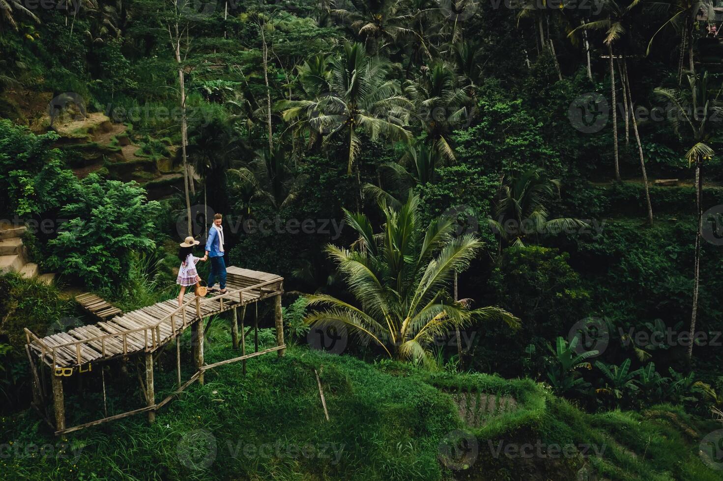 couple permanent sur en bois pont près riz terrasses dans bali Indonésie. en portant mains. romantique ambiance. tropical vacances. aérien tir. sur Contexte noix de coco paume des arbres. photo