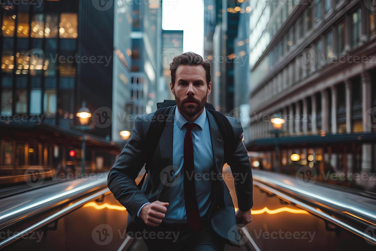 ai généré déterminé homme d'affaire dans Urbain réglage sur le bouge toi photo