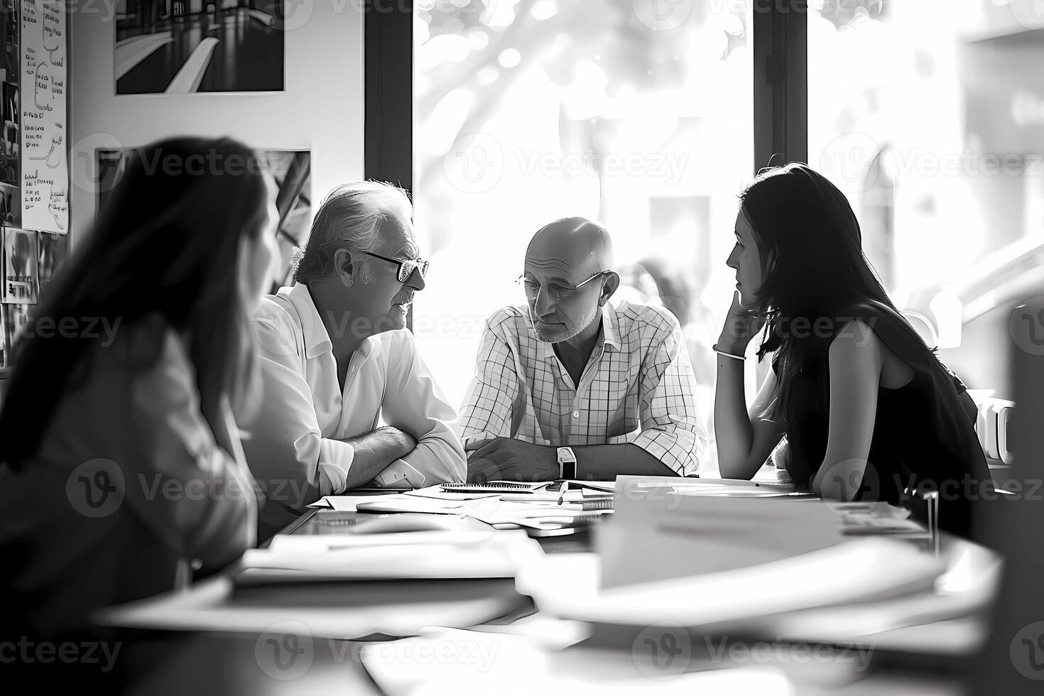 ai généré concentré groupe discussion à une affaires réunion photo