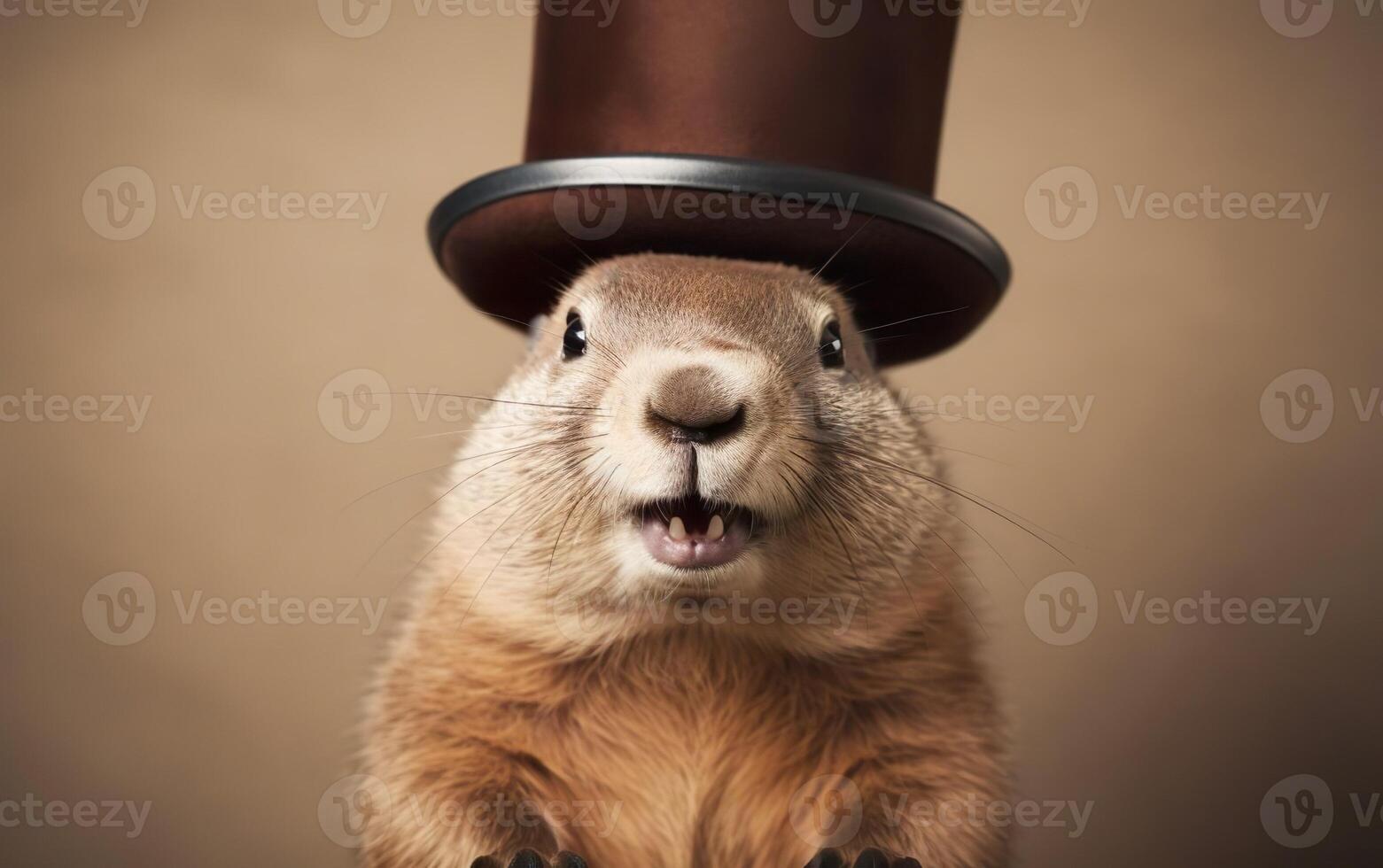 ai généré mignonne duveteux amical souriant marmotte portant une noir Haut chapeau, proche en haut isolé sur le marron Contexte. content marmotte journée bannière ou affiche. ai génératif photo