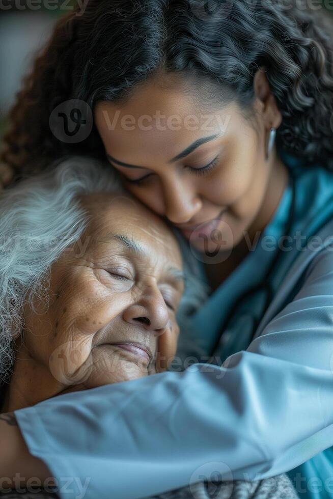 ai généré Sénior se soucier, étreinte et portrait de infirmière avec patient pour médical aider, soins de santé ou physiothérapie. photo