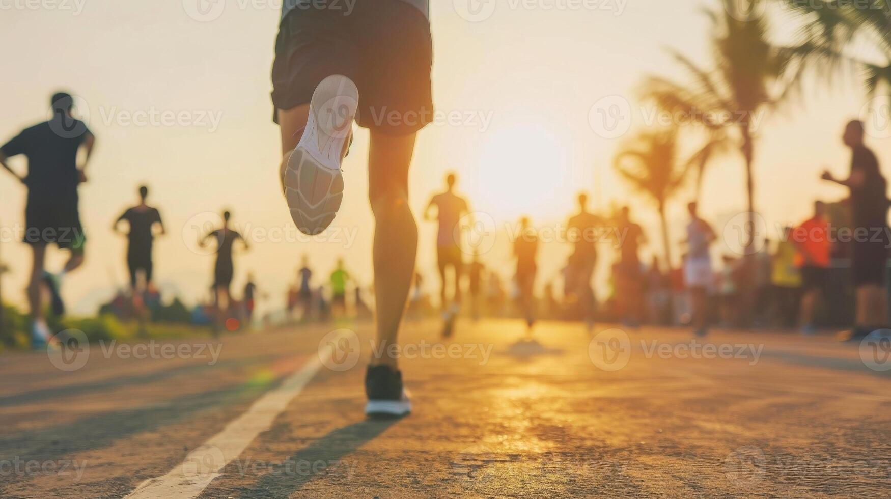 ai généré fermer, marathon fonctionnement course gens en compétition dans aptitude et en bonne santé actif mode de vie pieds sur route, génératif ai photo