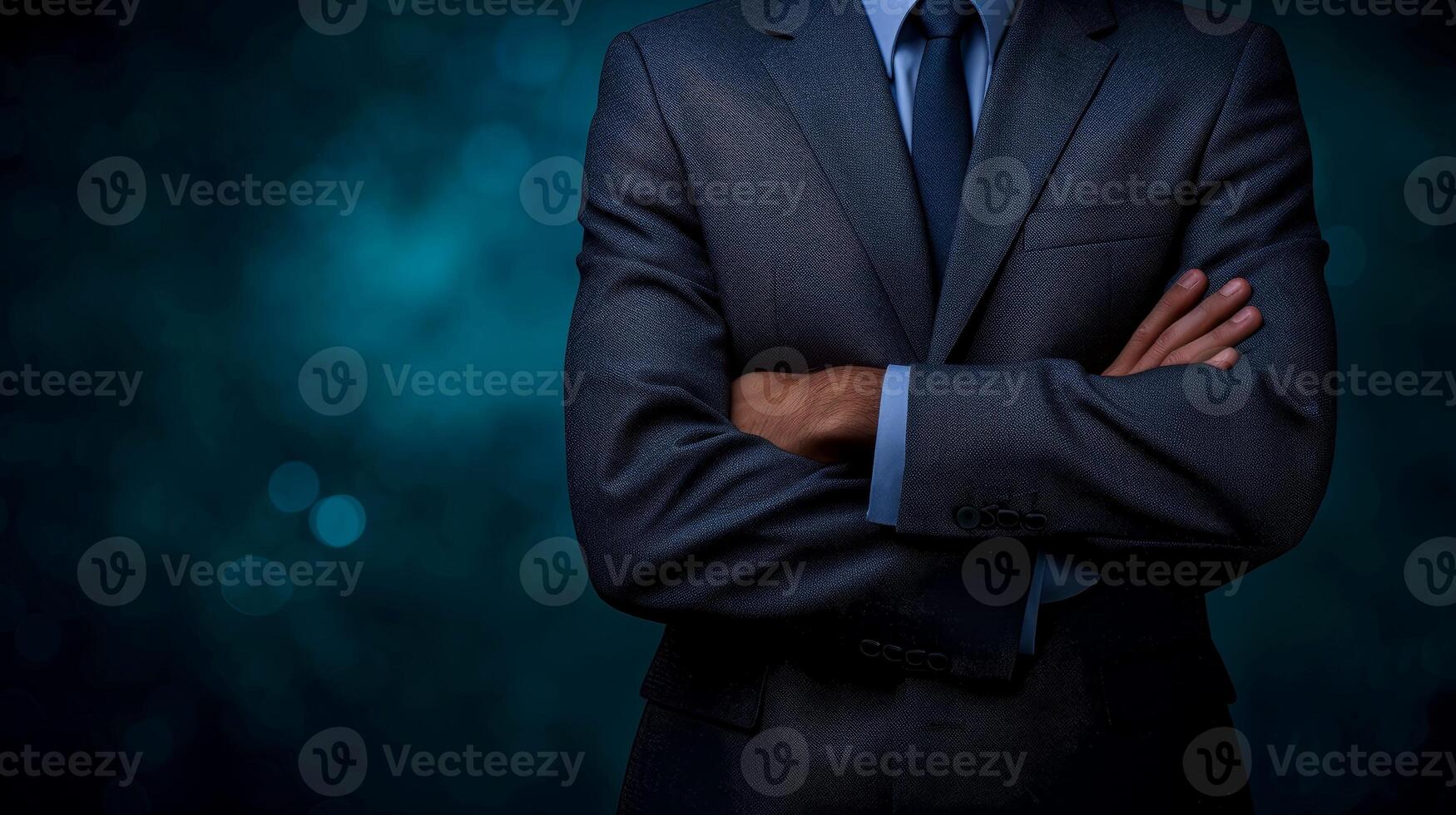 ai généré fermer, portrait de réussi homme d'affaire, traverser votre bras plus de votre poitrine, génératif ai photo