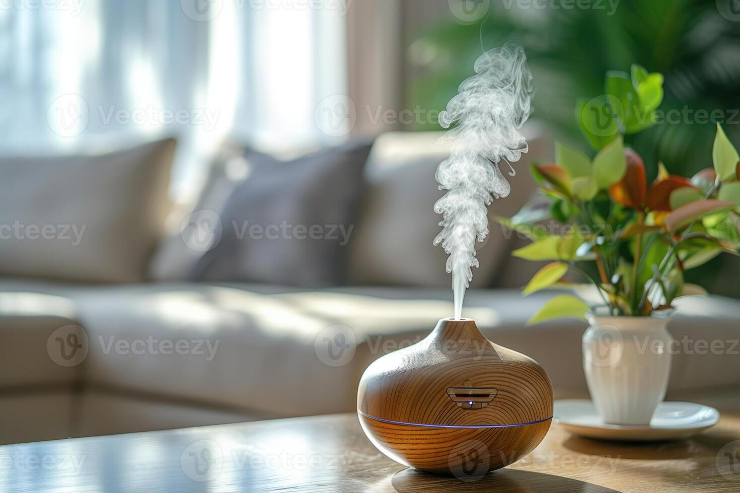 ai généré aromathérapie diffuseur dans minimaliste Accueil décor, embrassement bien-être et soins auto-administrés avec doux vapeur dans une brillant, aéré pièce pour relaxation et santé, bien-être à Accueil concept, généré par ai photo