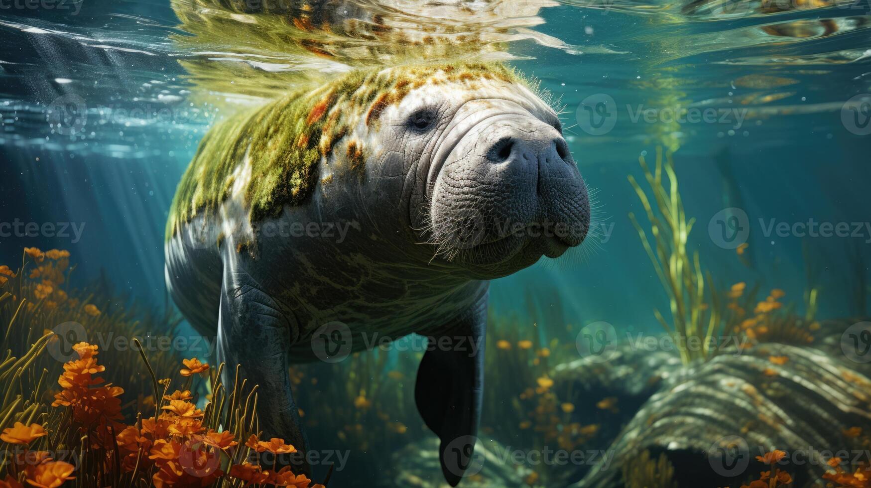 ai généré lamantin pâturage dans jonc de mer une serein sous-marin scène capturer Marin la vie et respectueux de la nature aspects sur monde jonc de mer jour, mer vache dans ses aquatique, lamantin et jonc de mer la biodiversité photo