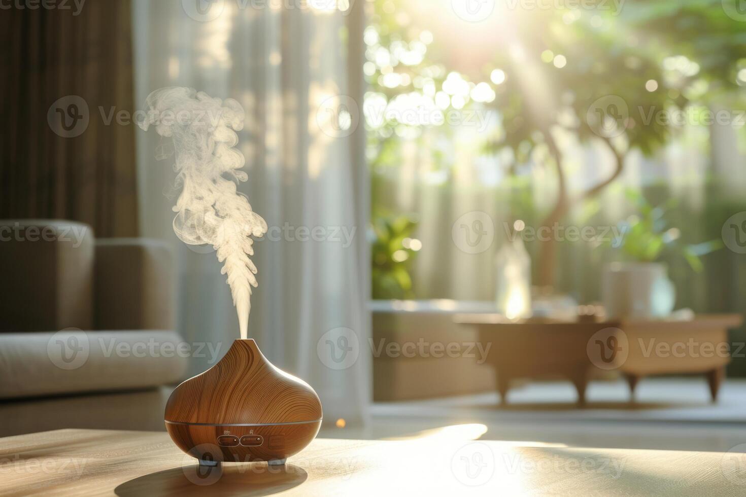 ai généré aromathérapie diffuseur dans minimaliste Accueil décor, embrassement bien-être et soins auto-administrés avec doux vapeur dans une brillant, aéré pièce pour relaxation et santé, bien-être à Accueil concept, généré par ai photo