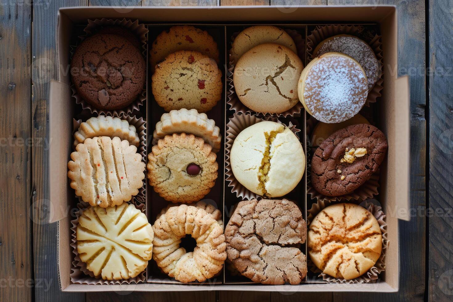 ai généré boîte de assorti en bonne santé biscuits fraîchement cuit et emballé à aller. génératif ai photo