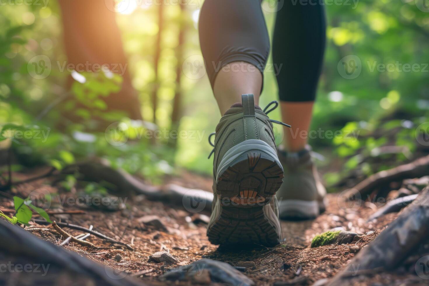 ai généré proche en haut de promeneur pieds en marchant en plein air dans le forêt. génératif ai photo