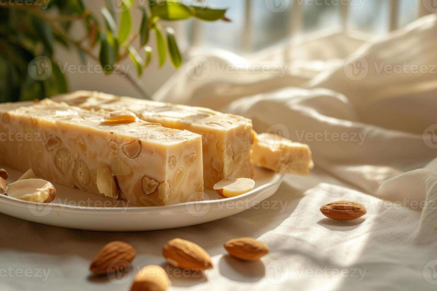 ai généré amande et mon chéri touron. nougat avec des noisettes. traditionnel Espagnol amande dessert photo