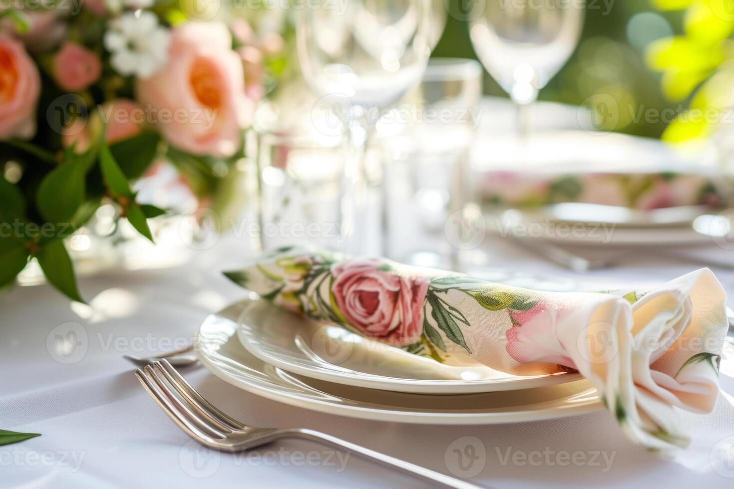 ai généré élégant table réglage avec floral à thème serviettes. génératif ai photo