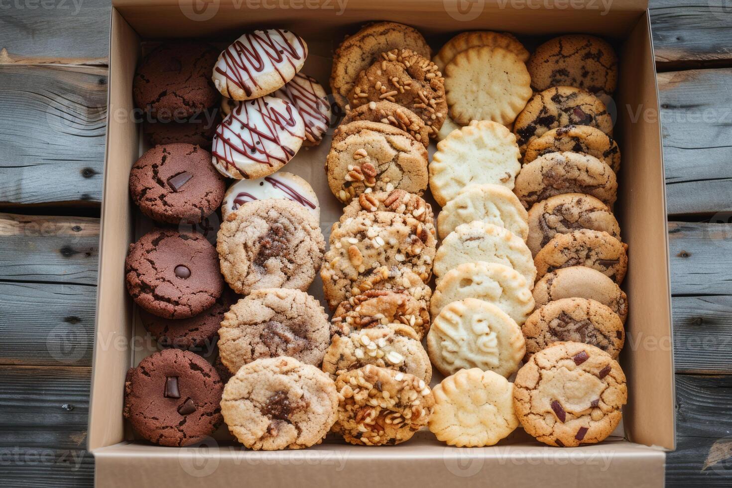 ai généré boîte de assorti en bonne santé biscuits fraîchement cuit et emballé à aller. génératif ai photo