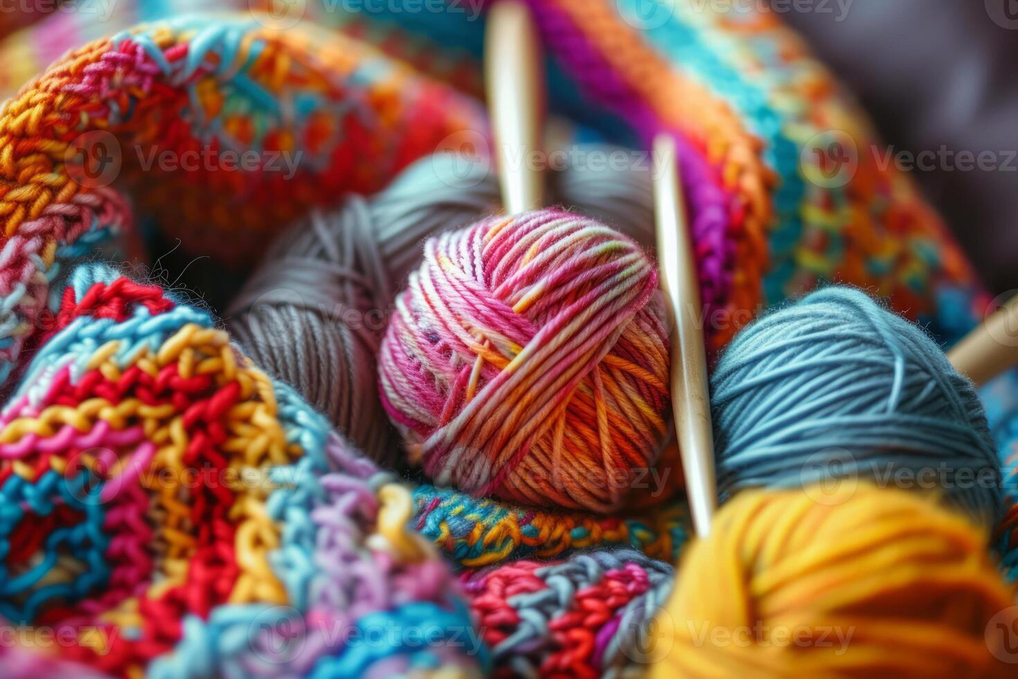 ai généré tricot aiguilles et inachevé coloré tricoté chandail. génératif ai photo